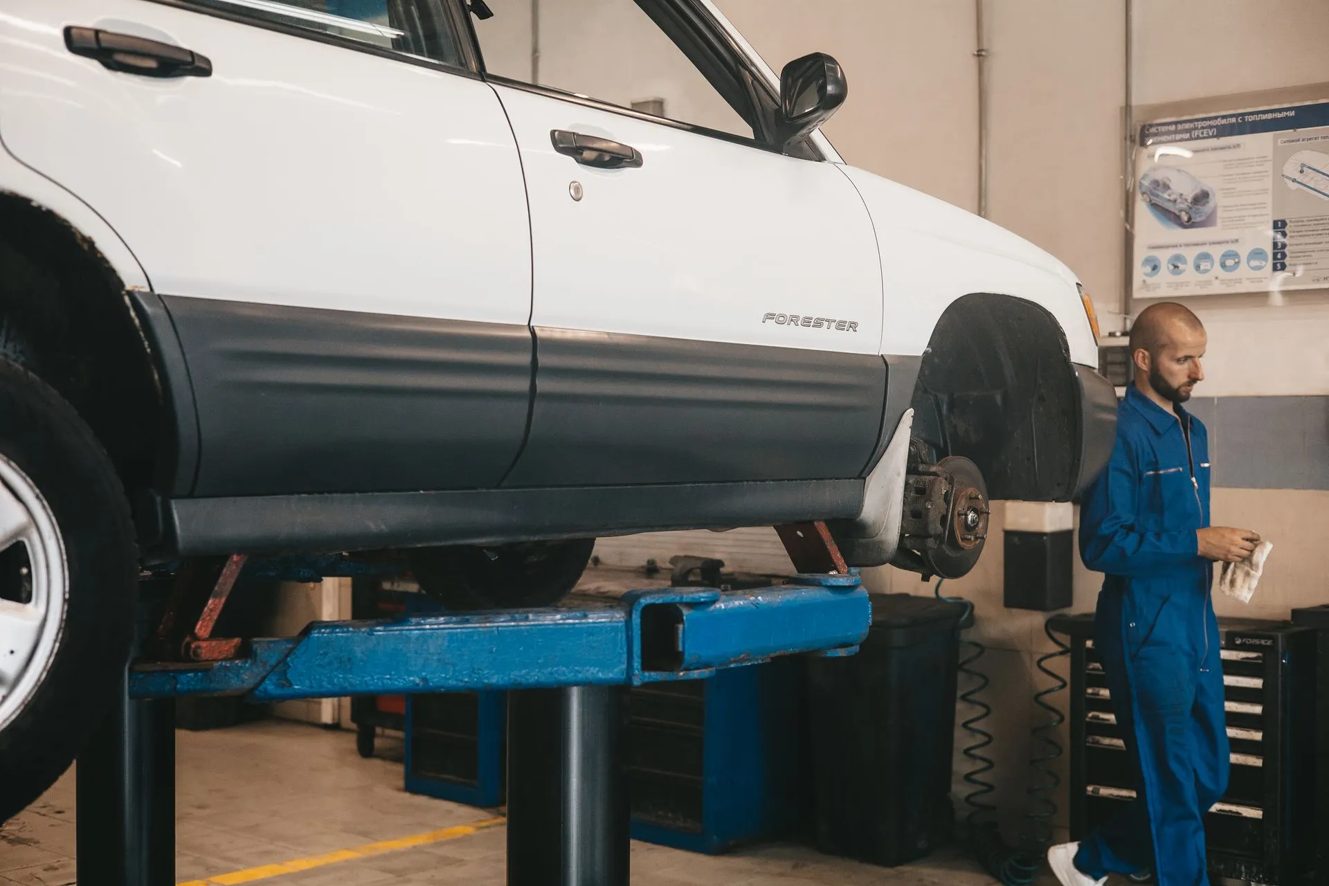 Mechanic checking a car on a lift